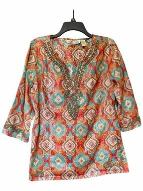 New Directions Beaded V-Neck Tunic Top Size M Teal & Coral Boho